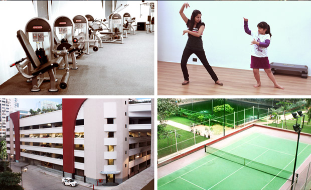 Gym, dance studio, covered car parking, tennis court and pond